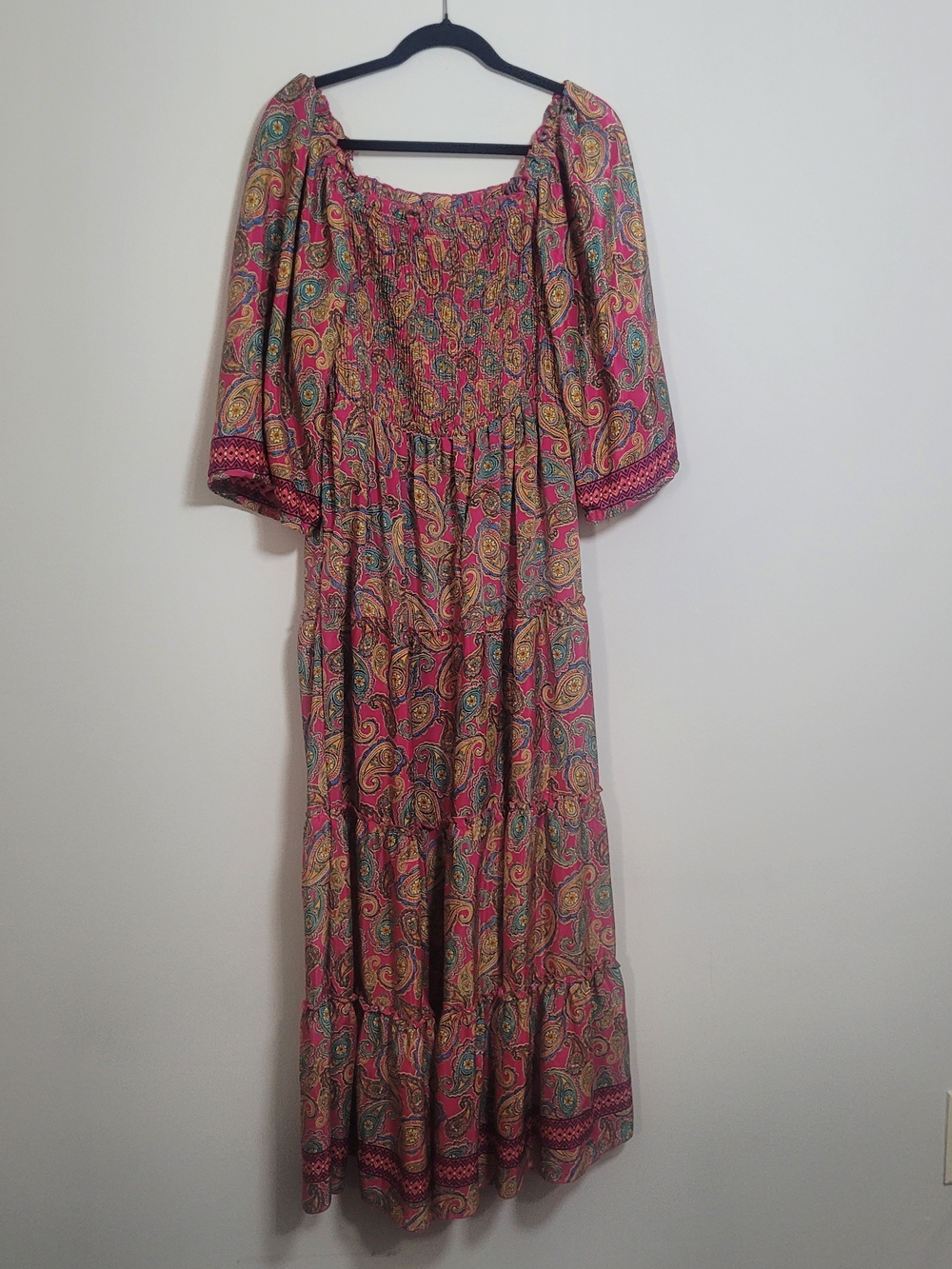 Boho Pink Paisley Maxi Dress with Puff Sleeves Size L